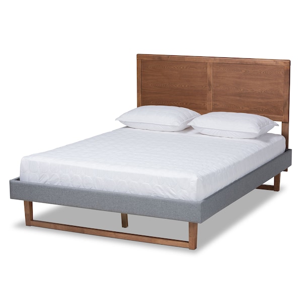 Baxton Studio Allegra Grey Upholstered and Walnut Wood Queen Size Platform Bed - 164-9414-9420