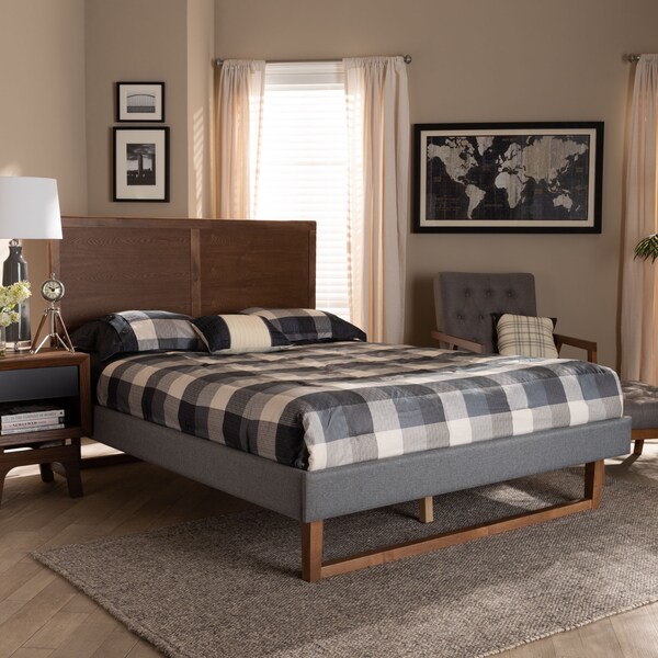 Baxton Studio Allegra Grey Upholstered and Walnut Wood Queen Size Platform Bed - 164-9414-9420