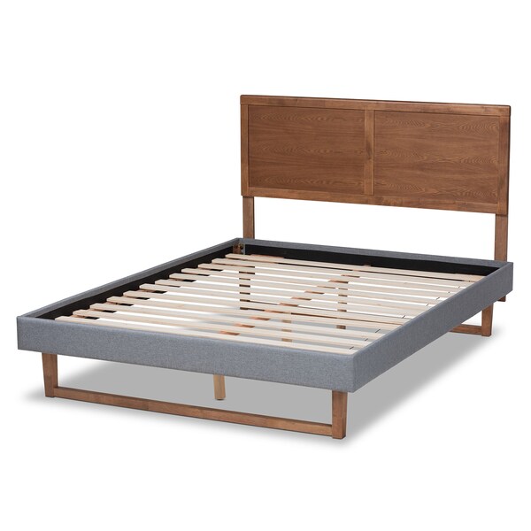 Baxton Studio Allegra Grey Upholstered and Walnut Wood Queen Size Platform Bed - 164-9414-9420
