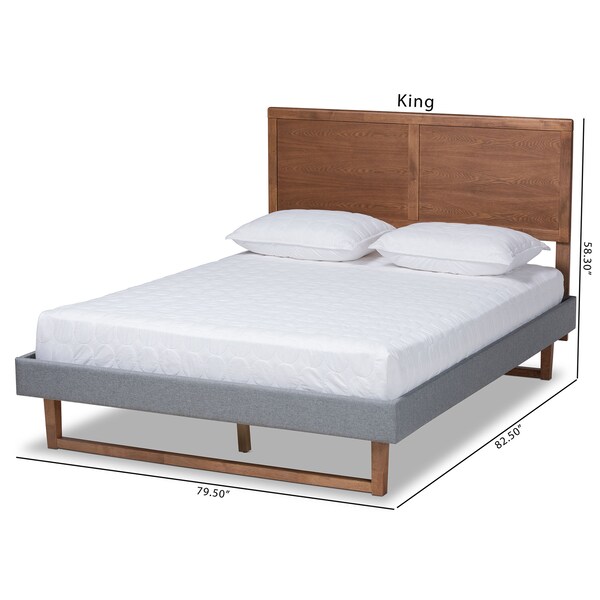 Baxton Studio Allegra Grey Upholstered and Walnut Wood Queen Size Platform Bed - 164-9414-9420