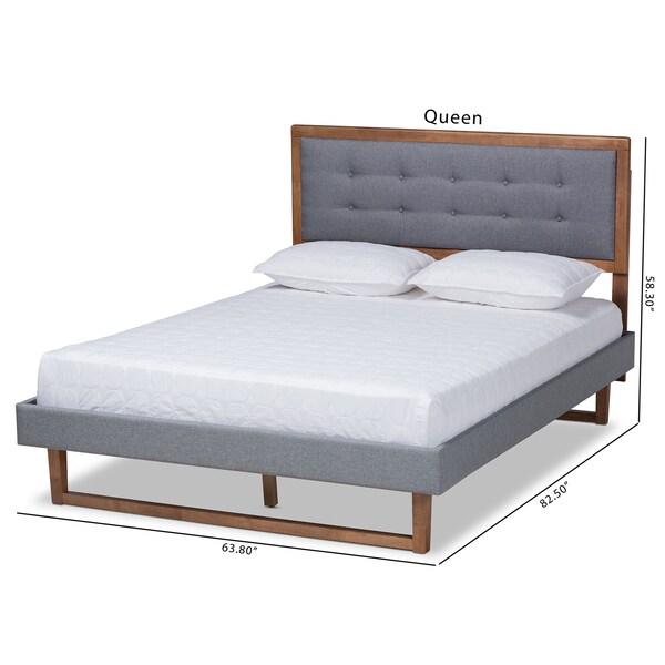 Baxton Studio Emele Grey Upholstered and Ash Walnut Wood Queen Size Platform Bed - 164-9414-9432