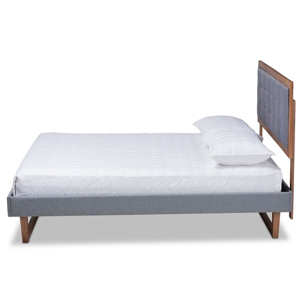 Baxton Studio Emele Grey Upholstered and Ash Walnut Wood Queen Size Platform Bed - 164-9414-9432