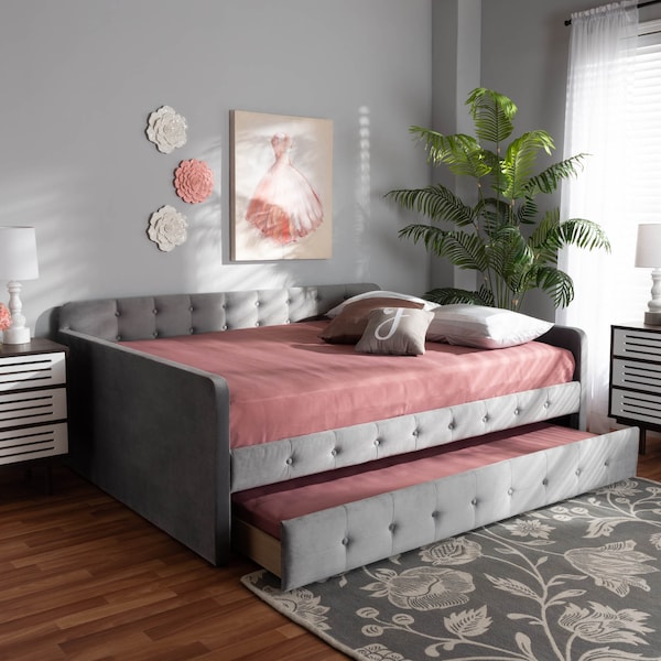Baxton Studio Jona Grey Velvet and Button Tufted Full Size Daybed with Trundle - 169-10847