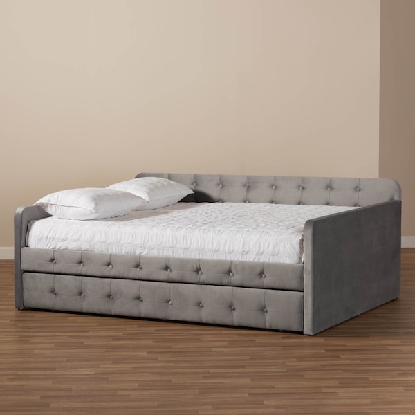 Baxton Studio Jona Grey Velvet and Button Tufted Full Size Daybed with Trundle - 169-10847