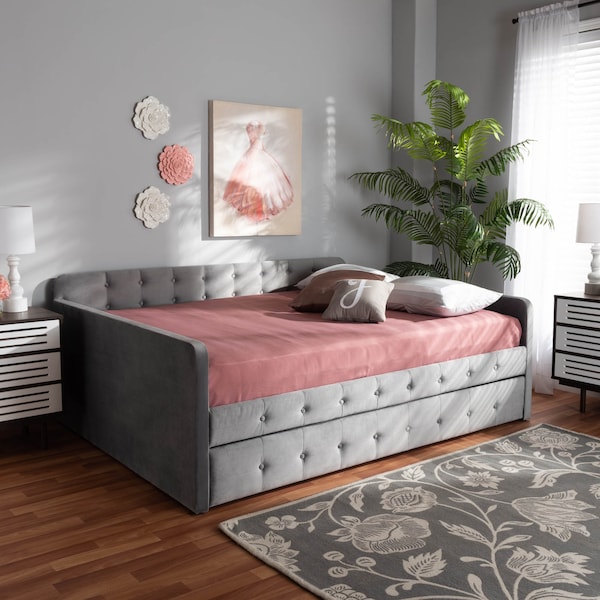 Baxton Studio Jona Grey Velvet and Button Tufted Full Size Daybed with Trundle - 169-10847