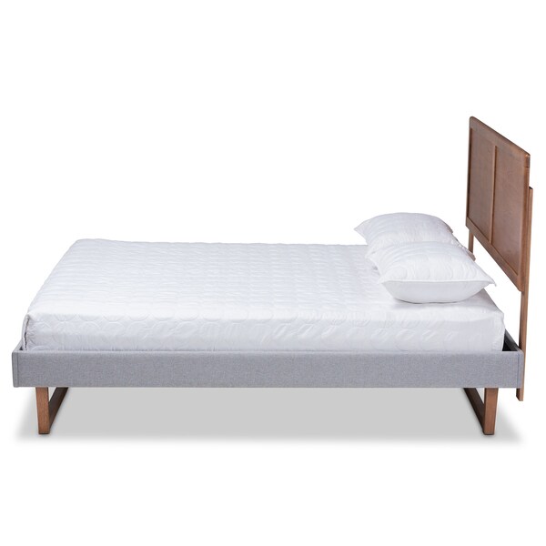 Baxton Studio Eloise Grey Upholstered and Ash Walnut Wood Queen Size Platform Bed - 164-9417-9420