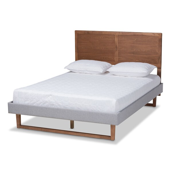 Baxton Studio Eloise Grey Upholstered and Ash Walnut Wood Queen Size Platform Bed - 164-9417-9420