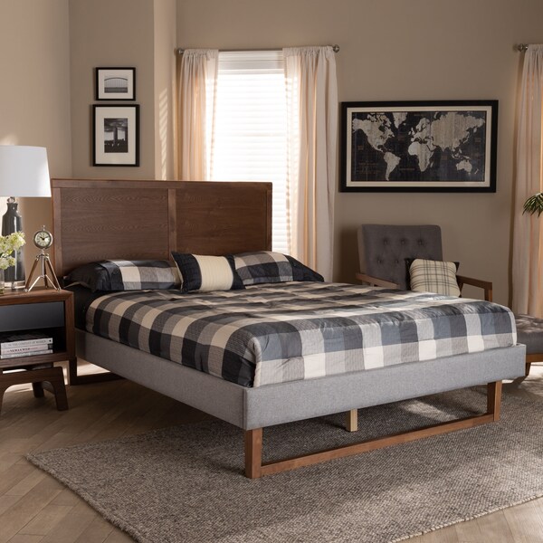 Baxton Studio Eloise Grey Upholstered and Ash Walnut Wood Queen Size Platform Bed - 164-9417-9420