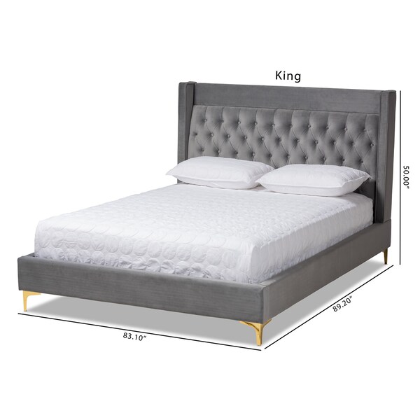 Baxton Studio Valery Dark Gray Velvet King Size Platform Bed with Gold-Finished Legs - 152-9012