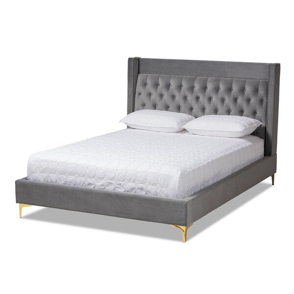 Baxton Studio Valery Dark Gray Velvet King Size Platform Bed with Gold-Finished Legs - 152-9012