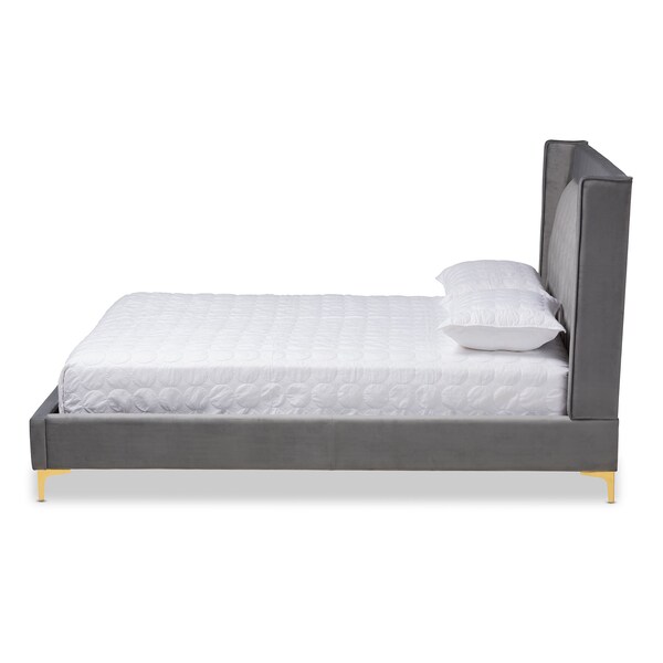 Baxton Studio Valery Dark Gray Velvet King Size Platform Bed with Gold-Finished Legs - 152-9012