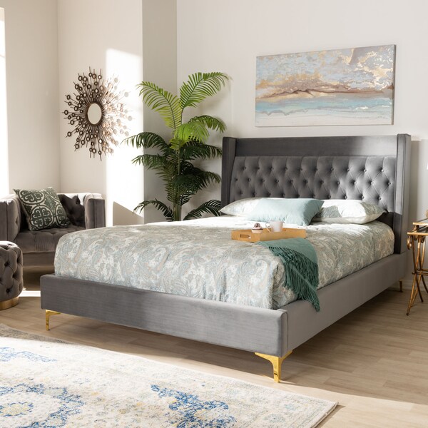 Baxton Studio Valery Dark Gray Velvet King Size Platform Bed with Gold-Finished Legs - 152-9012