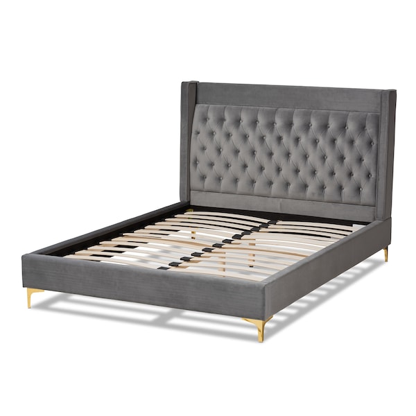Baxton Studio Valery Dark Gray Velvet King Size Platform Bed with Gold-Finished Legs - 152-9012