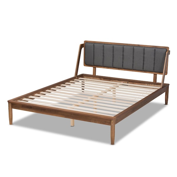 Baxton Studio Helsa Mid-Century Modern Dark Grey Fabric and Walnut Finished Full Size Platform Bed - 175-10908-ZORO