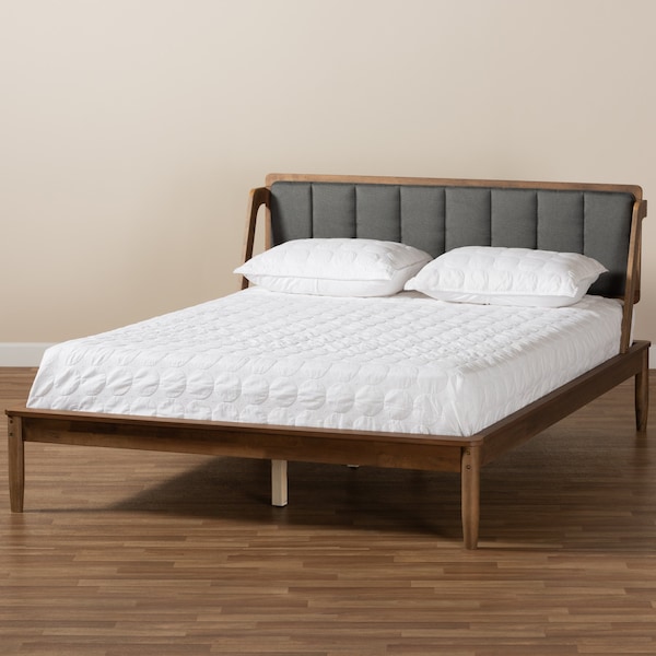Baxton Studio Helsa Mid-Century Modern Dark Grey Fabric and Walnut Finished Full Size Platform Bed - 175-10908-ZORO
