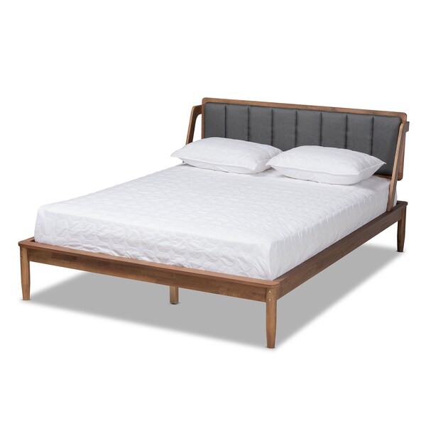 Baxton Studio Helsa Mid-Century Modern Dark Grey Fabric and Walnut Finished Full Size Platform Bed - 175-10908-ZORO