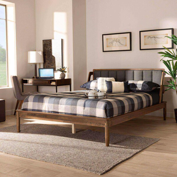 Baxton Studio Helsa Mid-Century Modern Dark Grey Fabric and Walnut Finished Full Size Platform Bed - 175-10908-ZORO