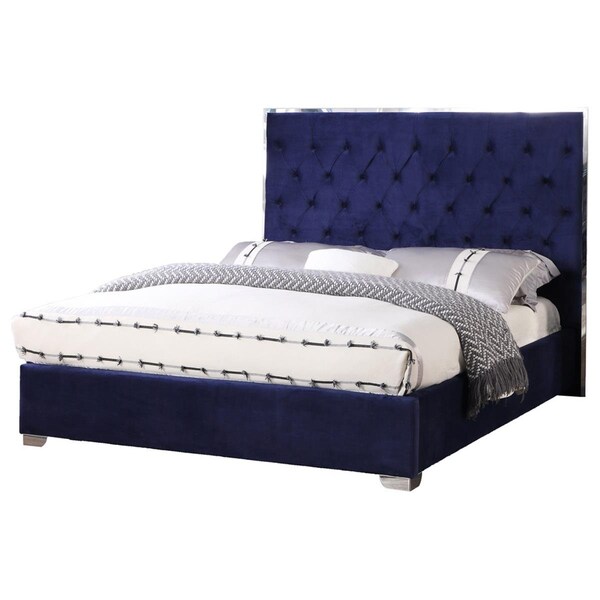 Best Master Furniture Kressa Upholstered Velour Queen Bed, Blue - 1520 Q BED BLUE