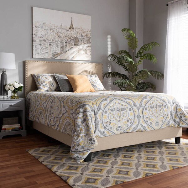 Baxton Studio Ramon Beige Linen Upholstered Full Size Panel Bed with Nailhead Trim - 163-10504