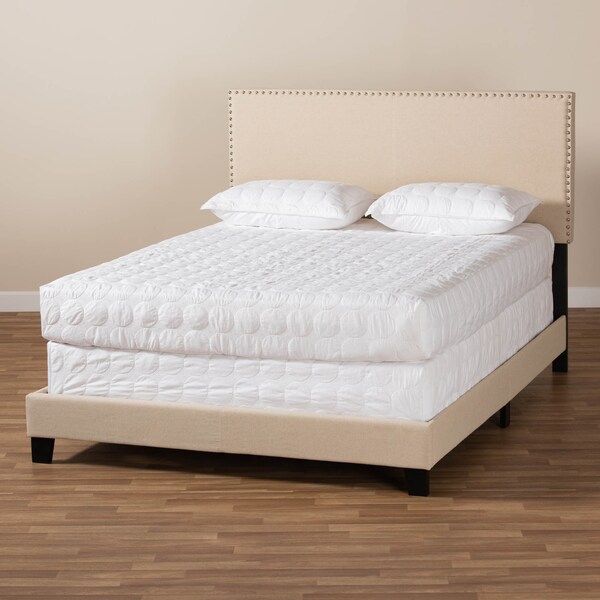 Baxton Studio Ramon Beige Linen Upholstered Full Size Panel Bed with Nailhead Trim - 163-10504