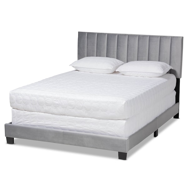Baxton Studio Clare Grey Velvet King Size Panel Bed with Channel Tufted Headboard - 163-10503