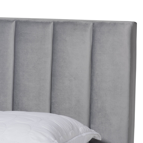 Baxton Studio Clare Grey Velvet King Size Panel Bed with Channel Tufted Headboard - 163-10503