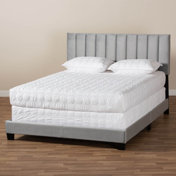 Baxton Studio Clare Grey Velvet King Size Panel Bed with Channel Tufted Headboard - 163-10503