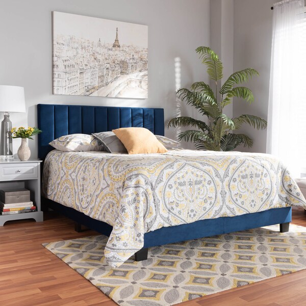 Baxton Studio Clare Navy Blue Velvet King Size Panel Bed with Tufted Headboard - 163-10500