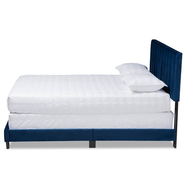 Baxton Studio Clare Navy Blue Velvet King Size Panel Bed with Tufted Headboard - 163-10500
