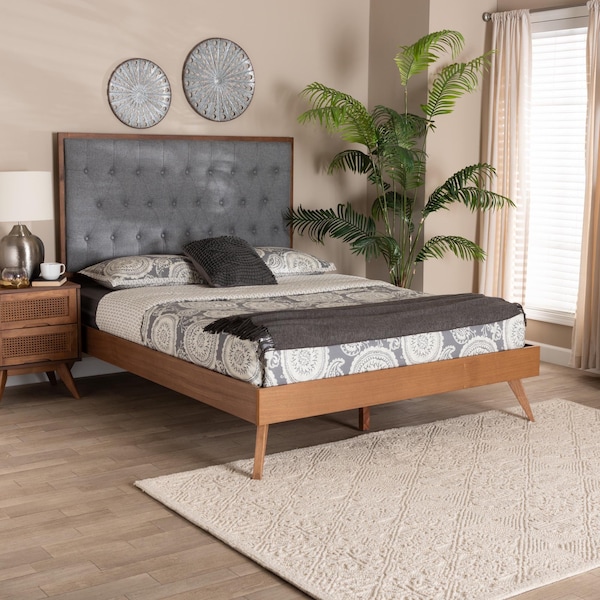 Baxton Studio Dericia Classic and Traditional Grey Fabric and Walnut Brown Finished Wood King Size Platform Bed - 237-12639-9409-ZORO