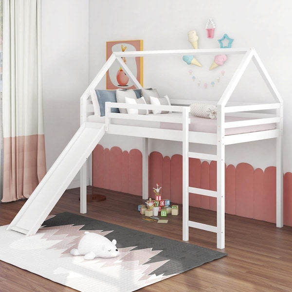 Gfancy Fixtures White Twin Size Slide House Loft Bed - GF3103536