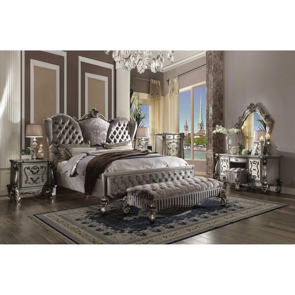 Homeroots 91 x 96 x 75 in. Velvet Antique Platinum Upholstery Poly Resin Eastern King Bed - 348195