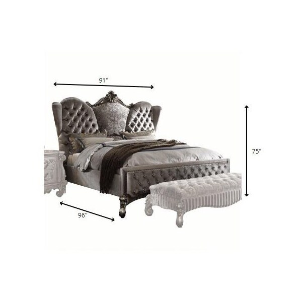 Homeroots 91 x 96 x 75 in. Velvet Antique Platinum Upholstery Poly Resin Eastern King Bed - 348195