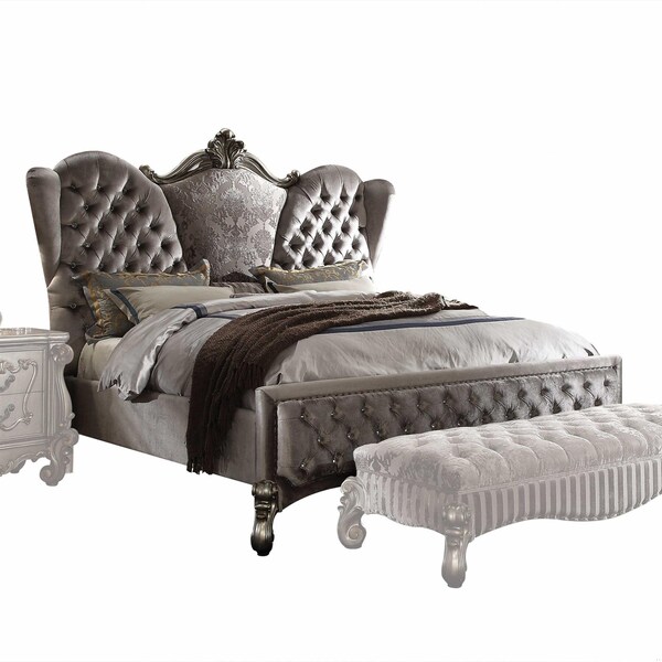 Homeroots 91 x 96 x 75 in. Velvet Antique Platinum Upholstery Poly Resin Eastern King Bed - 348195
