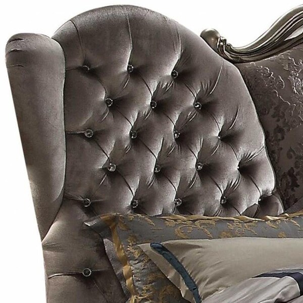 Homeroots 91 x 96 x 75 in. Velvet Antique Platinum Upholstery Poly Resin Eastern King Bed - 348195