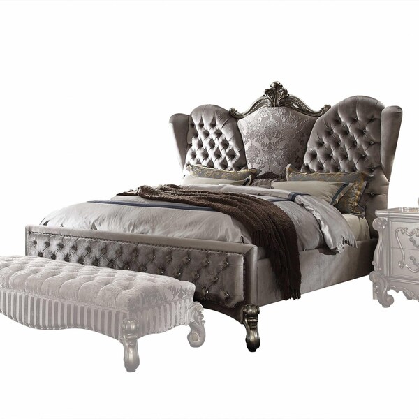 Homeroots 91 x 96 x 75 in. Velvet Antique Platinum Upholstery Poly Resin Eastern King Bed - 348195