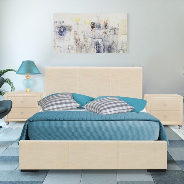 Homeroots 34.8 x 41.7 x 80.5 in. Beige Upholstered Twin Size Platform Bed with Nightstand - 397065