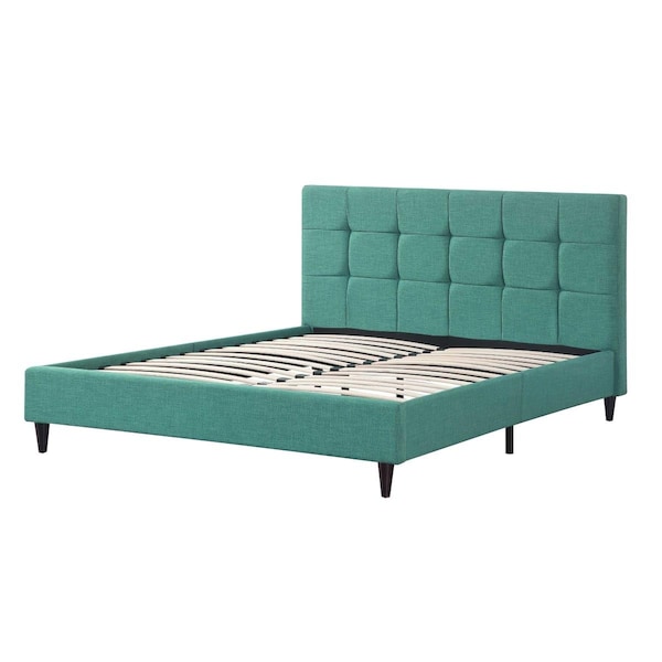 Gfancy Fixtures Modern Upholstered Square Stitched Platform Bed with Wooden Slats Blue - Queen Size - GF2474631