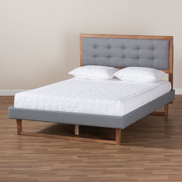 Baxton Studio Emele Grey Upholstered and Ash Walnut Wood Full Size Platform Bed - 164-9413-9431
