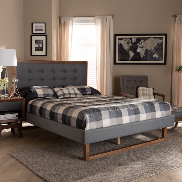 Baxton Studio Emele Grey Upholstered and Ash Walnut Wood Full Size Platform Bed - 164-9413-9431