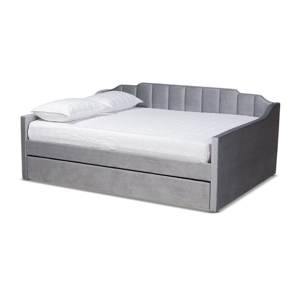 Baxton Studio Lennon Modern and Contemporary Grey Velvet Fabric Full Size Daybed with Trundle - 186-11470-ZORO