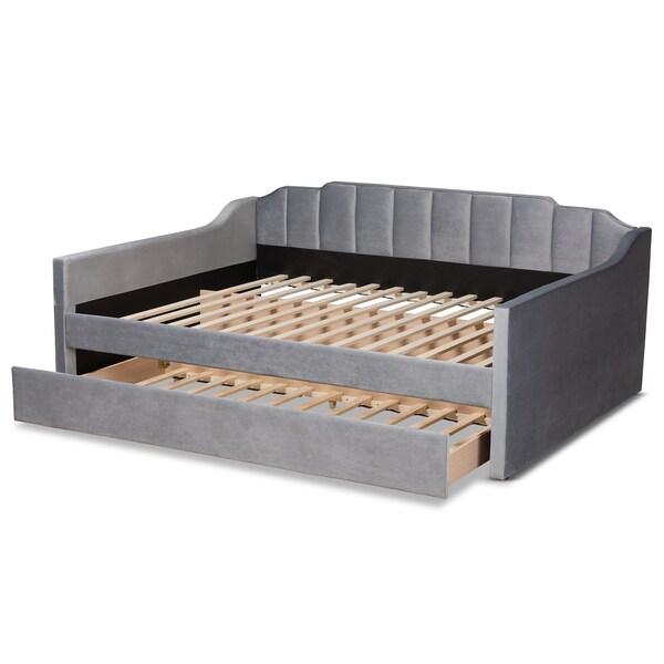 Baxton Studio Lennon Modern and Contemporary Grey Velvet Fabric Full Size Daybed with Trundle - 186-11470-ZORO