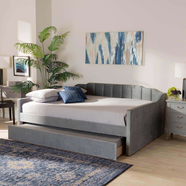 Baxton Studio Lennon Modern and Contemporary Grey Velvet Fabric Full Size Daybed with Trundle - 186-11470-ZORO