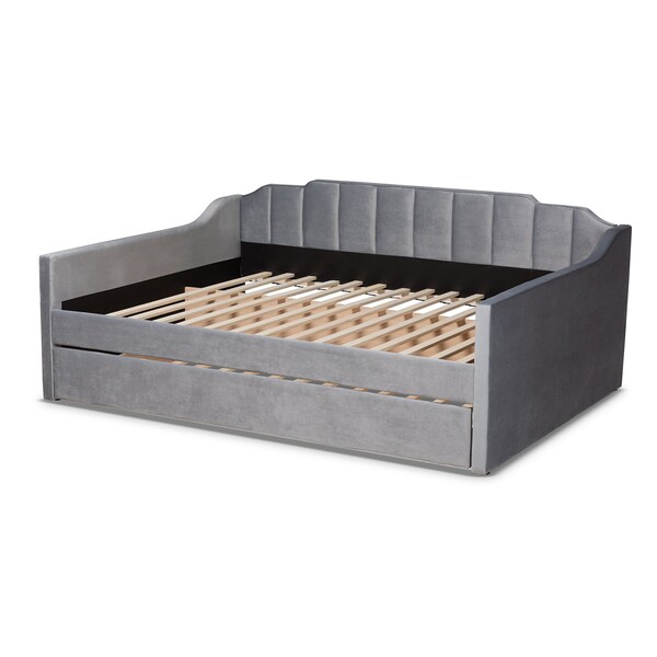 Baxton Studio Lennon Modern and Contemporary Grey Velvet Fabric Full Size Daybed with Trundle - 186-11470-ZORO
