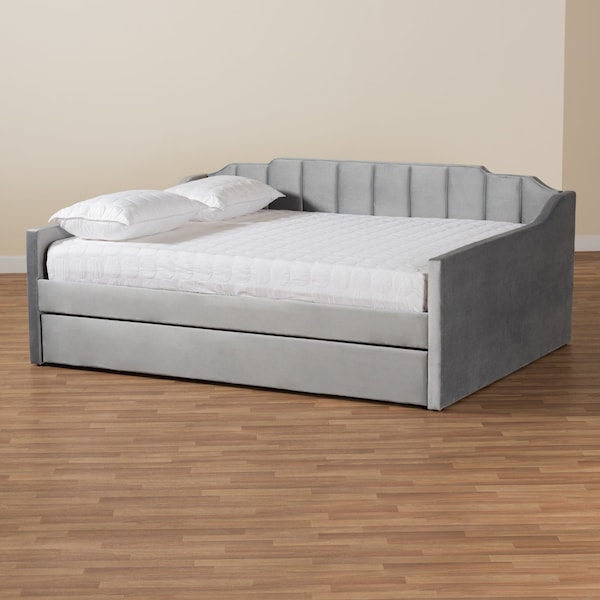 Baxton Studio Lennon Modern and Contemporary Grey Velvet Fabric Full Size Daybed with Trundle - 186-11470-ZORO