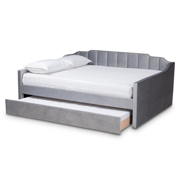 Baxton Studio Lennon Modern and Contemporary Grey Velvet Fabric Full Size Daybed with Trundle - 186-11470-ZORO