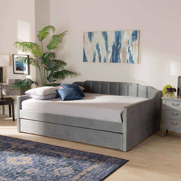 Baxton Studio Lennon Modern and Contemporary Grey Velvet Fabric Full Size Daybed with Trundle - 186-11470-ZORO