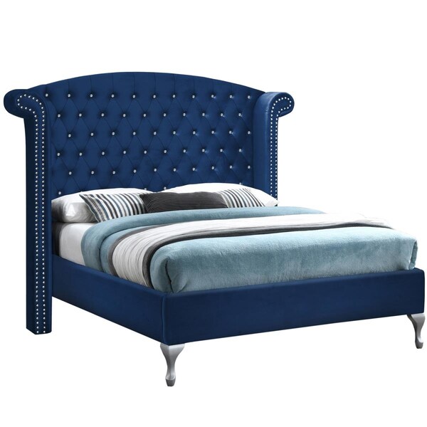 Better Home Cleopatra Crystal Tufted Velvet Platform Bed, Blue - CLEO-46-BLU
