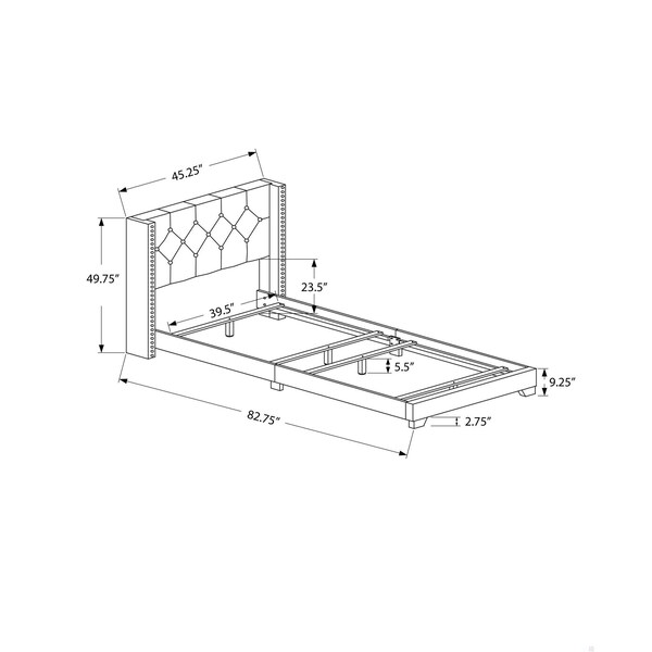 Homeroots Dark Gray Velvet with Chrome Trim Twin Size Bed45.25 x 82.75 x 49.75 in. - 355771