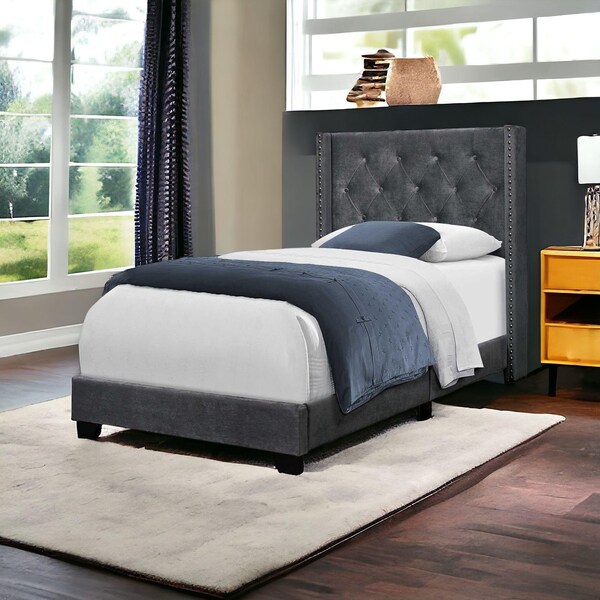 Homeroots Dark Gray Velvet with Chrome Trim Twin Size Bed45.25 x 82.75 x 49.75 in. - 355771